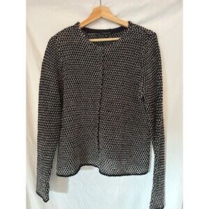 Eileen Fisher Organic Linen Black Birdseye Button Cardigan Sweater Large Petite